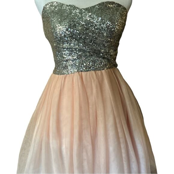 B Darlin Women's Strapless Sequin Flare Pink and Silver Embellishment Dress - Picture 1 of 12